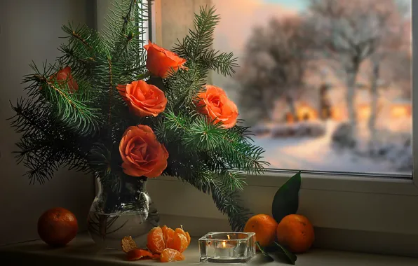 Картинка зима, цветы, ветки, праздник, новый год, рождество, розы, свеча