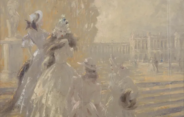 Картинка дамы, Louis Icart, Осенью в Версале