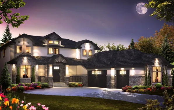 Картинка луна, вилла, вечер