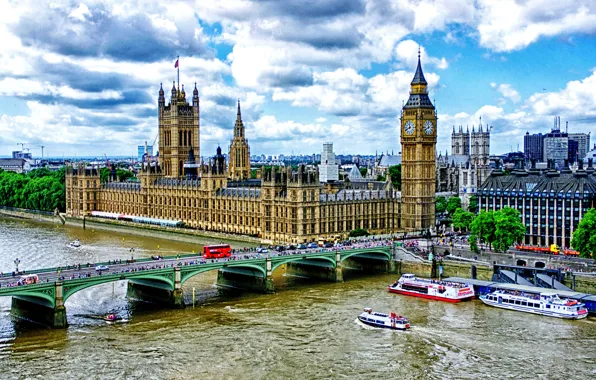 Картинка Лондон, Биг-Бен, Вестминстерский дворец, Вестминстерский мост, река Темза набережная, прогулочные теплоходы