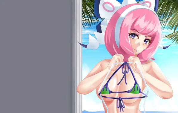 Girl, sexy, cleavage, pink hair, boobs, anime, beautiful, short hair