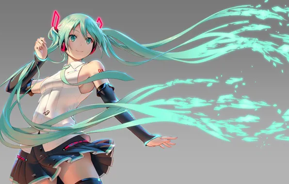 Картинка галстук, перчатки, серый фон, vocaloid, Hatsune Miku, вокалоид, голубые волосы, art