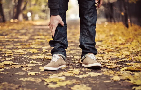 Дорога, осень, листья, улица, ноги, кеды, шнурки