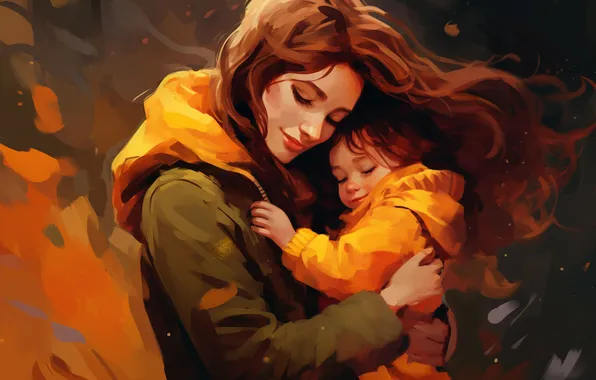 Девушка, Любовь, Улыбка, Волосы, Ребенок, Двое, Мама, Цифровое искусство
