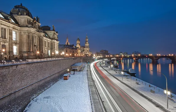 Germany, night, Dresden, winter, snow, street, blue hour, River Elbe