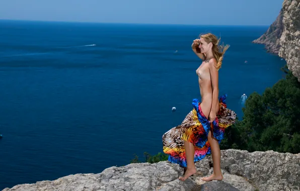 Gabriella, ocean, boobs, smile, nude, blond, naked, horizon