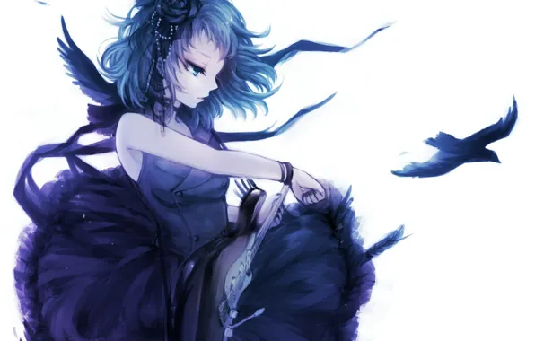 Птица, гитара, белый фон, браслет, vocaloid, черное платье, браслеты, вокалоид