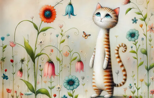 Кошка, кот, взгляд, цветы, поза, котенок, рисунок, стилизация