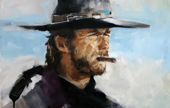Картинка лицо, фон, сигара, вестерн, Clint Eastwood, Клинт Иствуд