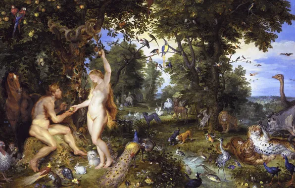 Картинка животные, картина, Ева, Адам, Питер Пауль Рубенс, мифология, Ян Брейгель старший, Pieter Paul Rubens