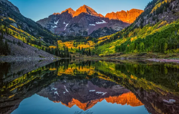 Осень, лес, отражения, озеро, Колорадо, США, скалистые горы, штат