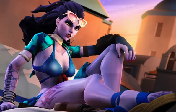Пляж, купальник, грудь, тату, очки, overwatch, Widowmaker, Amélie Lacroix