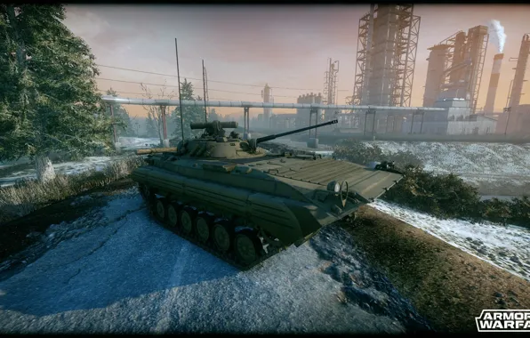 Дорога, снег, деревья, завод, БМП-2, armored warfare