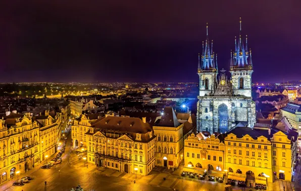 Картинка ночь, огни, здания, дома, Прага, Чехия, площадь, фонари
