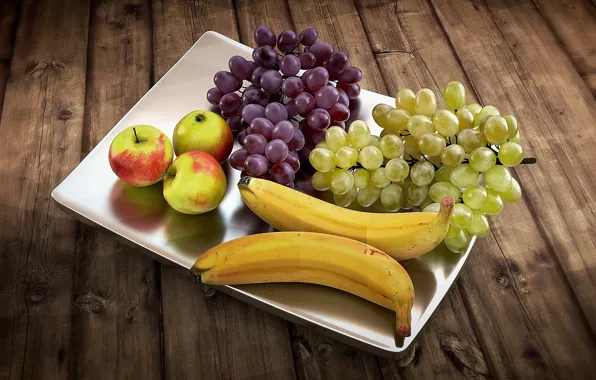 Яблоки, виноград, бананы, фрукты, поднос