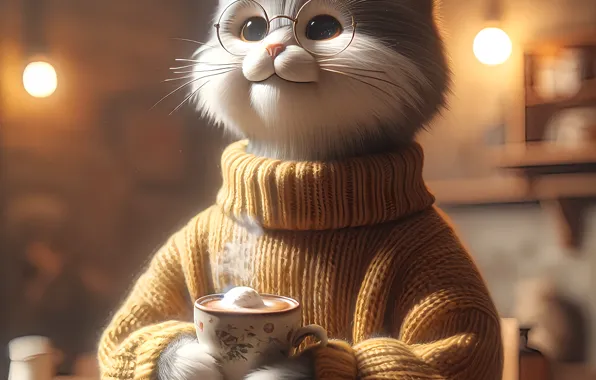 Кошка, кот, уют, кофе, очки, Рождество, чашка, Новый год