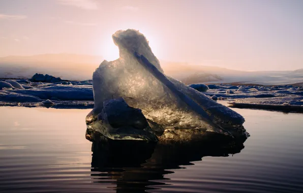Картинка лед, море, небо, вода, солнце, рассвет, берег, Исландия