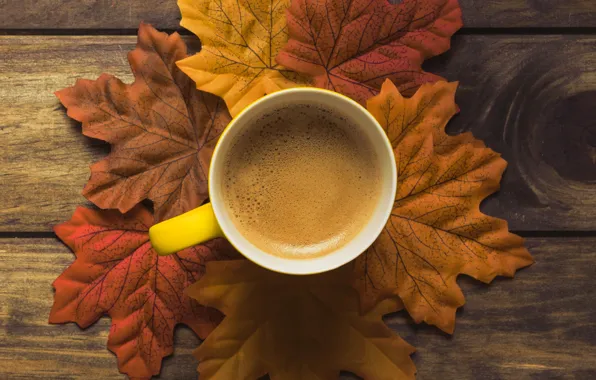Осень, листья, фон, дерево, кофе, colorful, чашка, wood