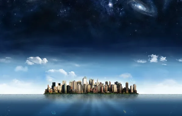Картинка небо, звезды, облака, город, океан, остров, небоскребы, галактика