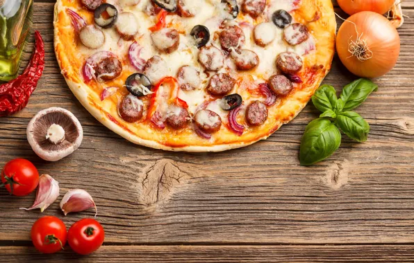 Картинка грибы, пицца, помидор, базилик