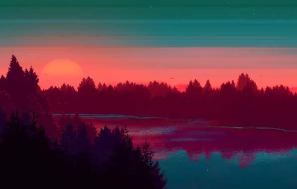Закат, Солнце, Небо, Вода, Дерево, Река, Лес, Sky