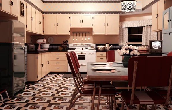 Мебель, кухня, помещение, гарнитур, Vintage 1950s Kitchen