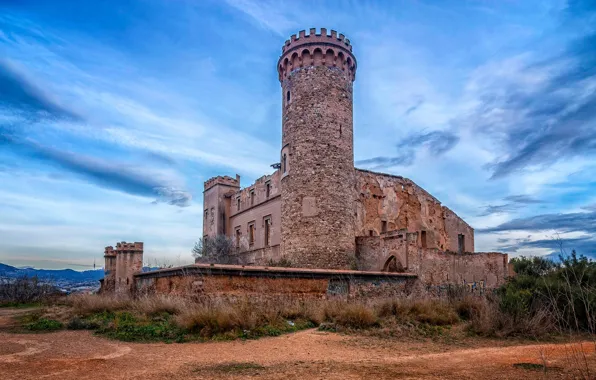 Облака, замок, растительность, башня, руины, архитектура, голубое небо
