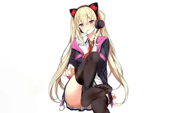 Girl, thighhighs, long hair, legs, anime, headphones, beautiful, twintails