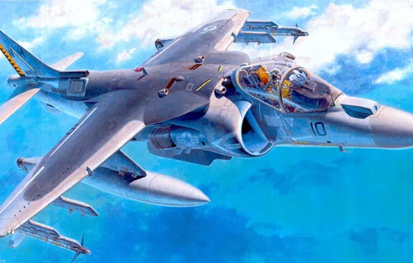Рисунок, арт, штурмовик, американский, вертикального, Макдоннел, Дуглас AV-8B, «Харриер» II