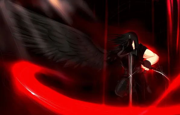 Взгляд, меч, аниме, арт, падший ангел, черные крылья