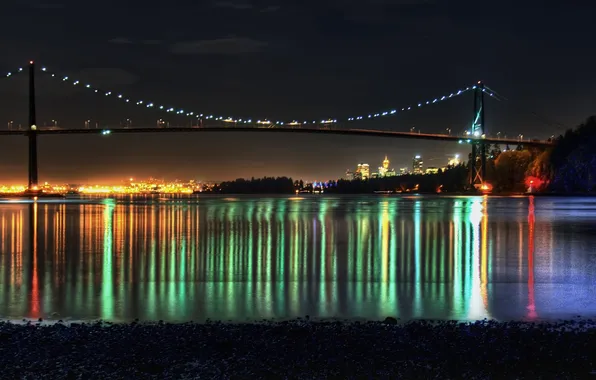 Море, ночь, мост, огни, берег, ванкувер, Vancouver