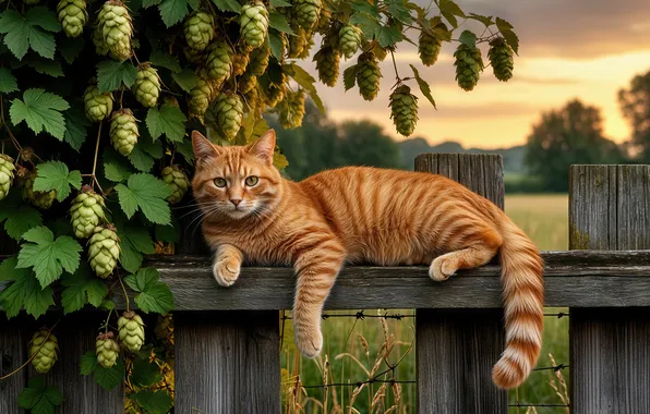 Кошка, кот, взгляд, природа, поза, забор, рыжий, лежит
