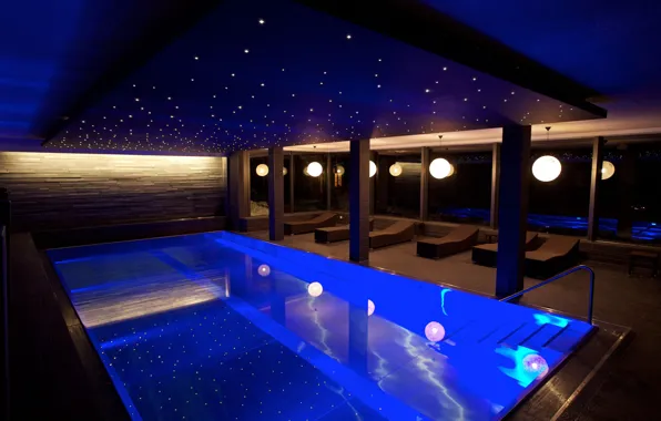 Картинка бассейн, pool, лежаки, interior, осветление, лампы.