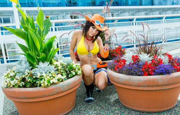 Green, sexy, hat, brunette, body, plants, Jessica Nigri, attitude