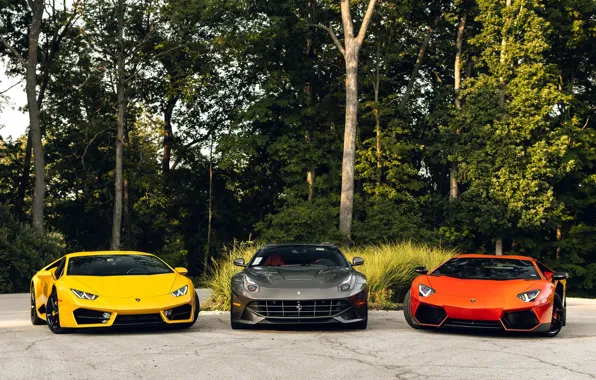 Картинка Lamborghini, Ferrari, Orange, Yellow, Aventador, Gray, Berlinetta, F12