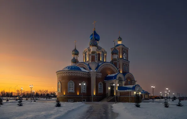 Зима, снег, пейзаж, вечер, освещение, фонари, дорожка, храм