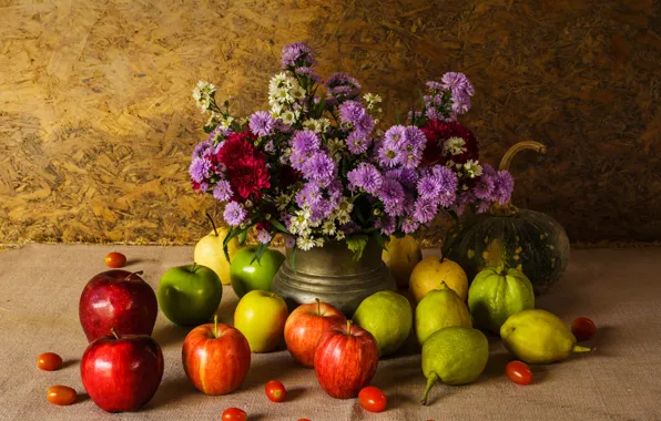 Картинка цветы, яблоки, букет, тыква, фрукты, натюрморт, овощи, груши