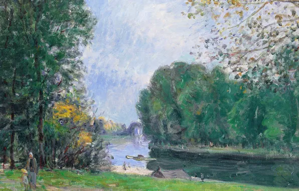 Картинка пейзаж, картина, Alfred Sisley, Альфред Сислей, Поворот Реки Луэн. Лето