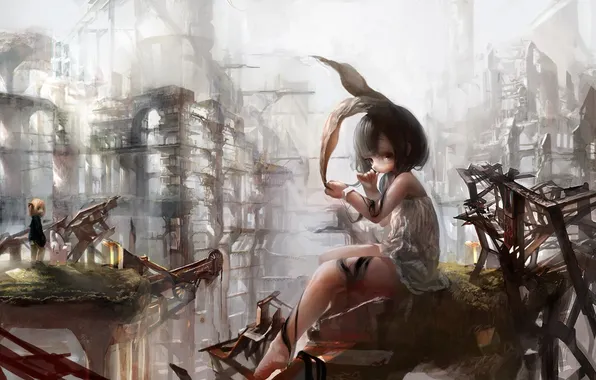 Девочка, уши животного, смотрит на зрителя, разрушенные здания