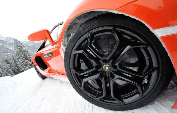 Картинка снег, колесо, диск, спорткар, ракурс, Lamborghini Aventador LP700-4