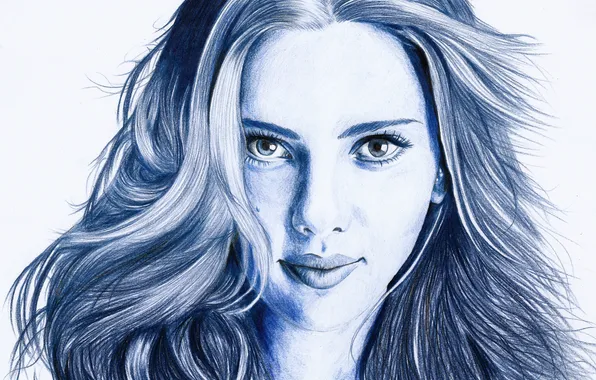 Картинка взгляд, лицо, волосы, портрет, актриса, Scarlett Johansson, карандаш, синее
