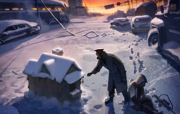Картинка зима, снег, следы, дом, оружие, люди, противогаз, домик