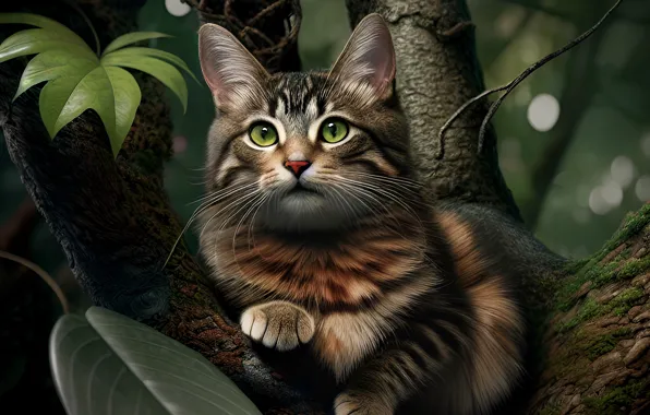 Кошка, кот, природа, дерево, портрет, арт, зеленые глаза, цифровая живопись