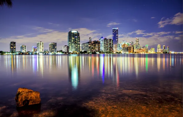Город, океан, здания, Майами, небоскребы, вечер, Флорида, USA