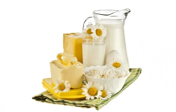 Картинка цветы, стакан, яйцо, масло, ромашки, сыр, молоко, белый фон