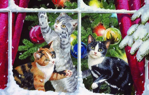 Снег, украшения, кошки, праздник, игрушки, елка, ветка, окно