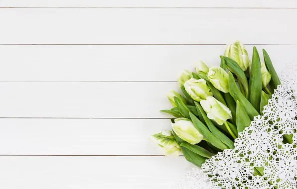 Картинка цветы, букет, тюльпаны, white, белые, кружево, wood, flowers