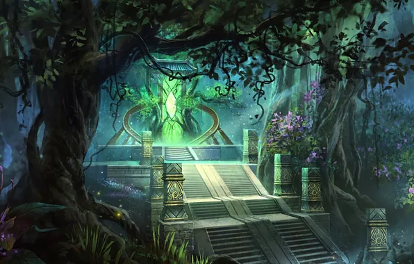 Картинка лес, свет, деревья, цветы, арт, лестница, ступени, храм