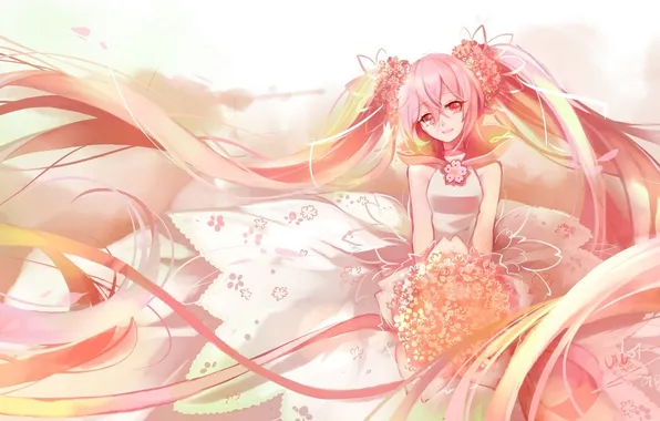 Девушка, улыбка, аниме, арт, vocaloid, sakura miku, vilor