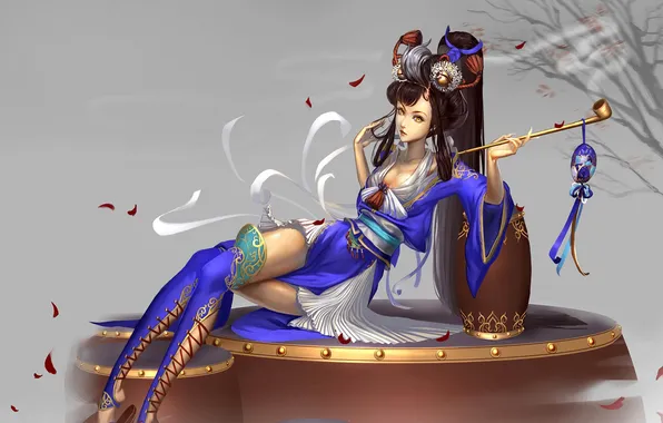 Картинка Девушка, трубка, прическа, барабаны, кимоно